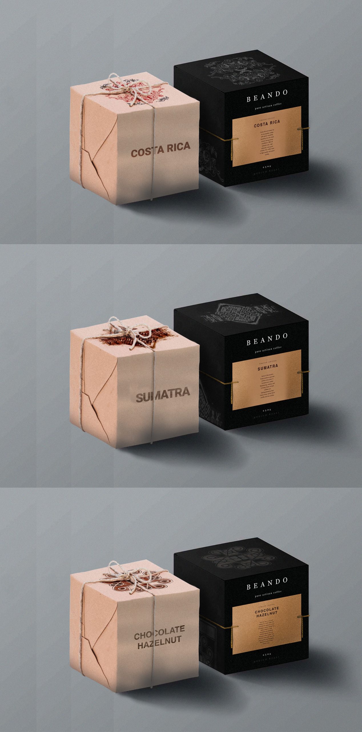 02 Dizajn serije pakovanja Beando kafa, Costa Rica, Sumatra, Chocolate Hazelnut